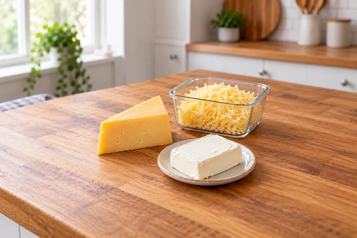 Wedge of yellow cheese, shredded cheese, and a block of cream cheese