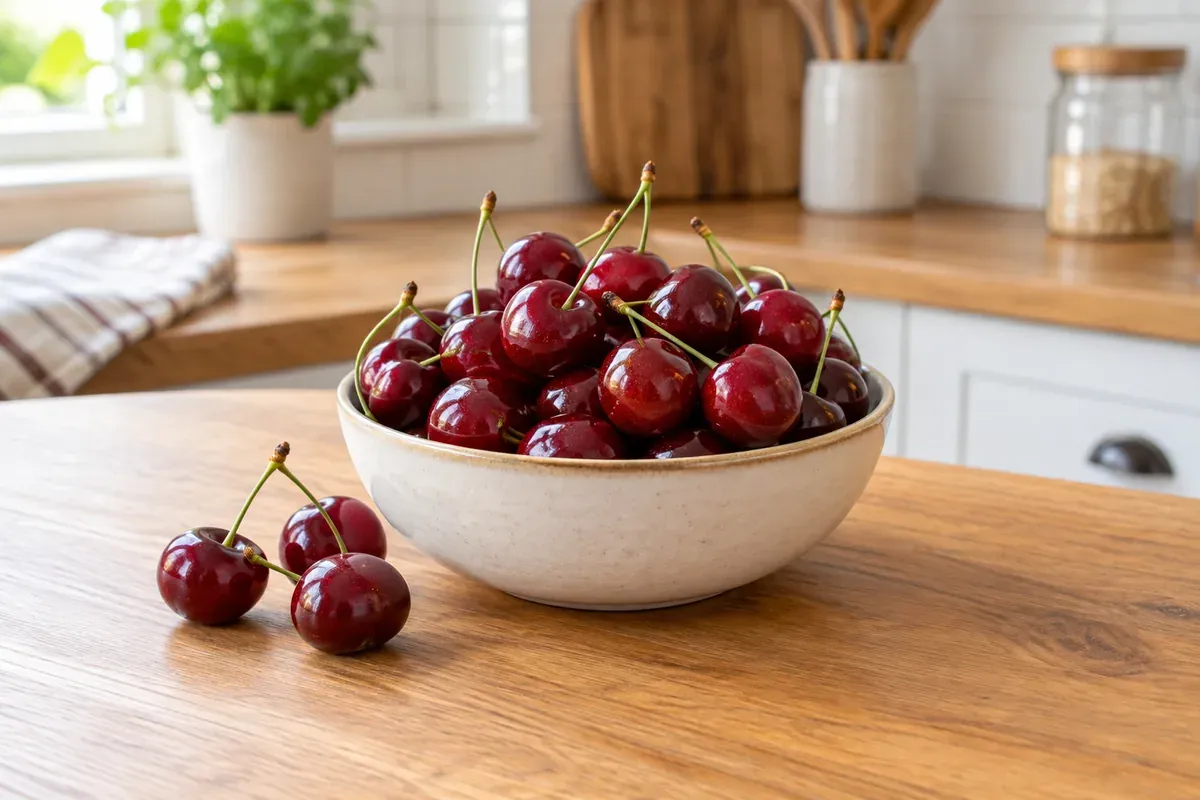 Cherries with stems in a bowl, with a few loose on the counter