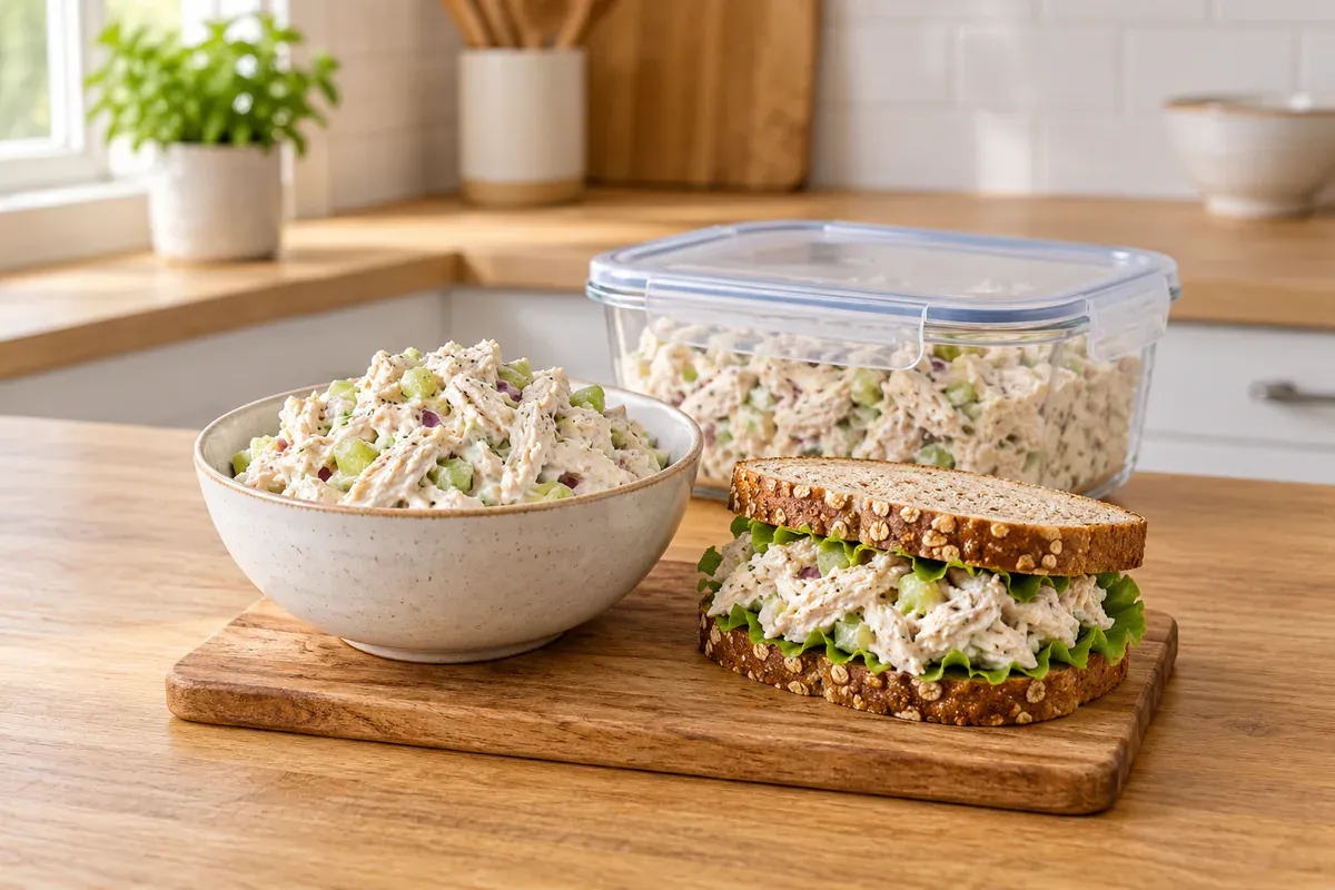 A bowl of chicken salad beside a chicken salad sandwich and a glass container