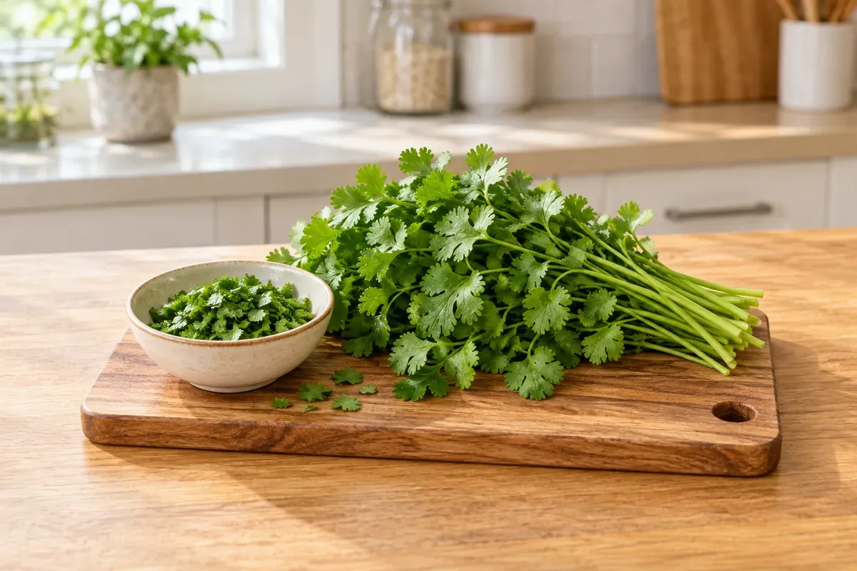 A bunch of cilantro on a board beside a small bowl of chopped leaves