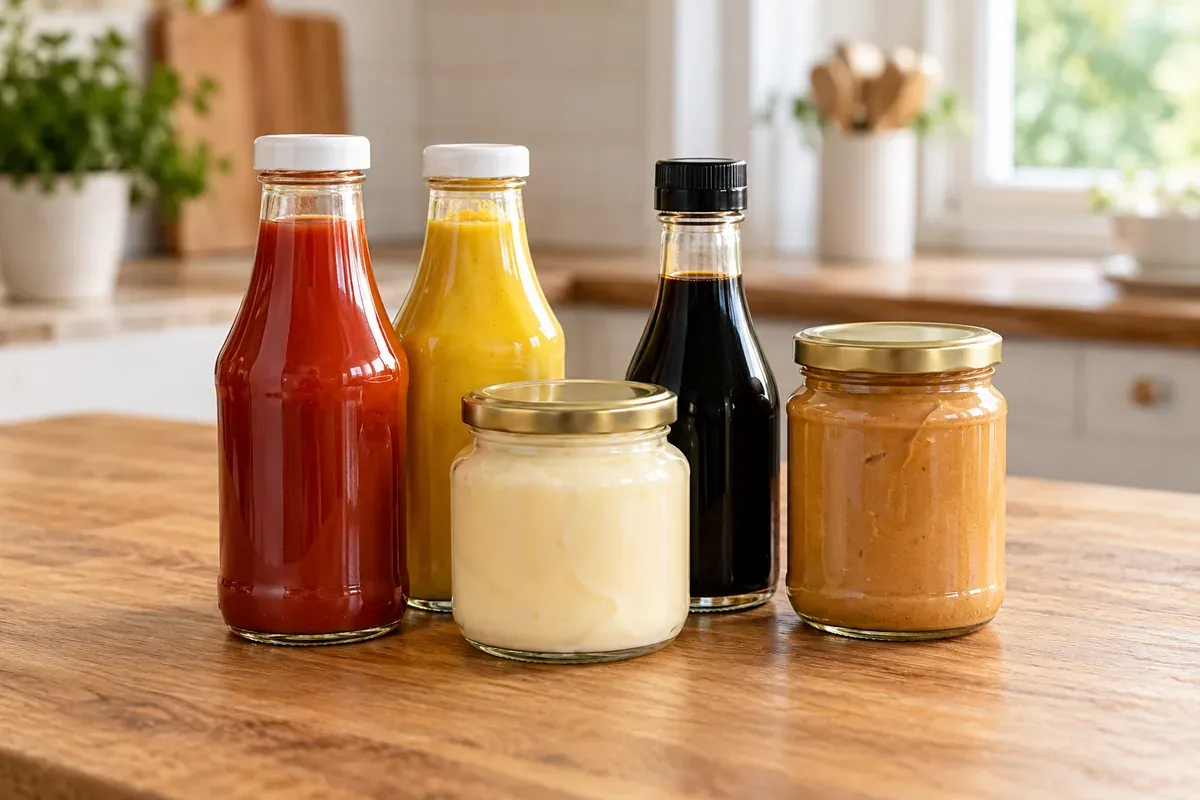 Bottles of ketchup, mustard, and soy sauce beside jars of mayo and peanut butter