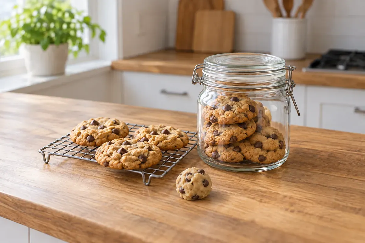 Chocolate chip cookies on a rack beside a sealed jar of cookies and cookie dough