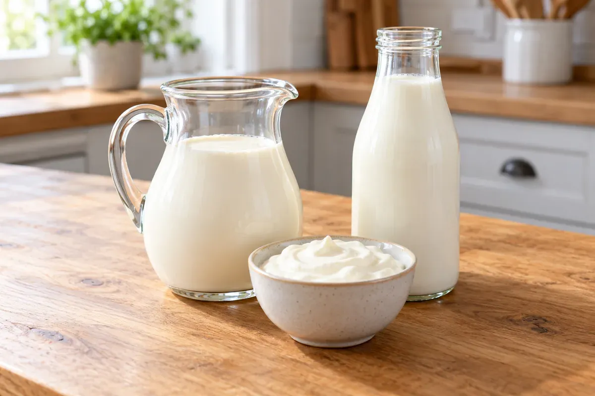 A jug of cream, a bottle of buttermilk, and a bowl of sour cream
