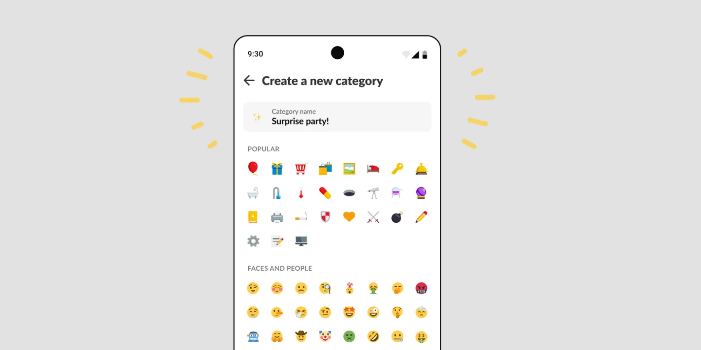 Listonic screen creating a new category, Surprise party, with an emoji picker