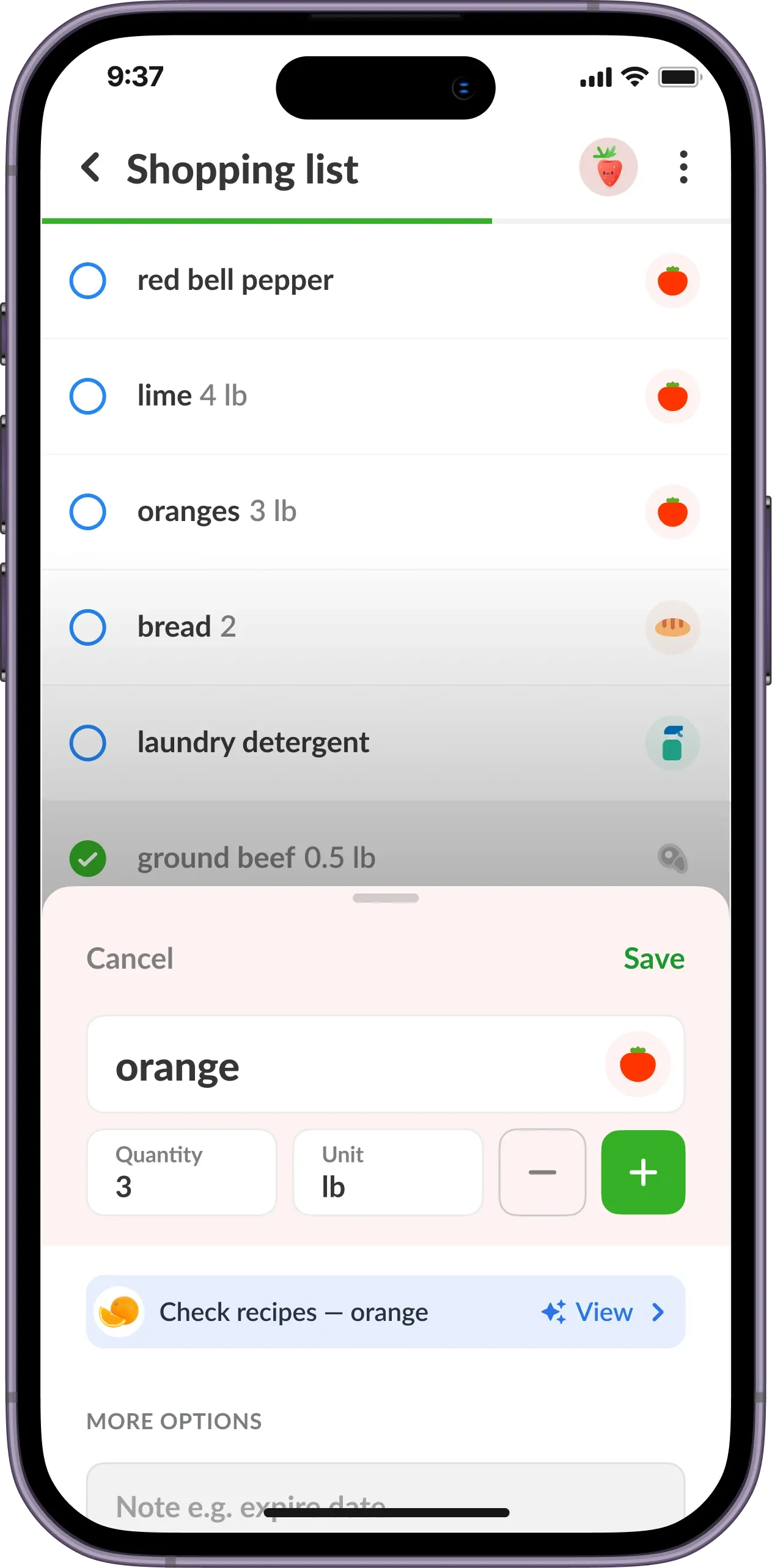 A Listonic list item open to set its quantity, unit and a note