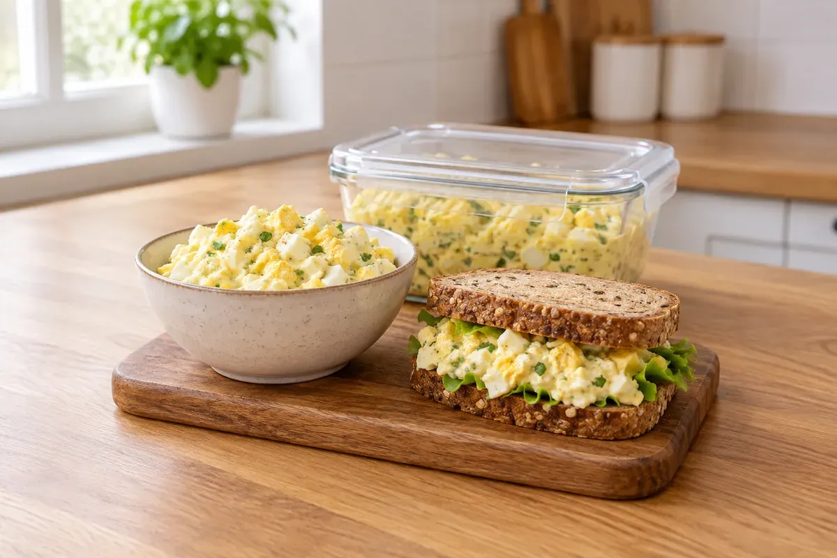 A bowl of egg salad beside an egg salad sandwich and a lidded glass container