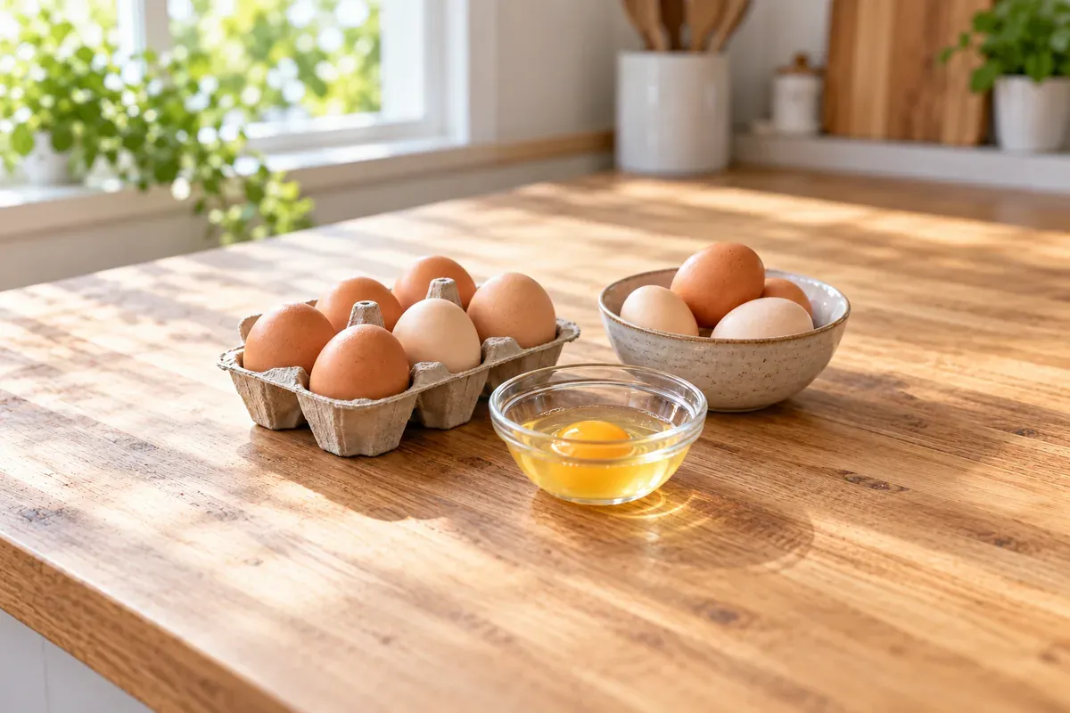 Brown eggs in a carton and a bowl, with one cracked into a glass dish