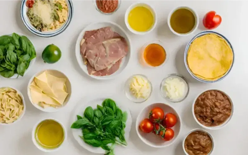 Small bowls of ingredients and dishes for the Italian weight-loss meal plan