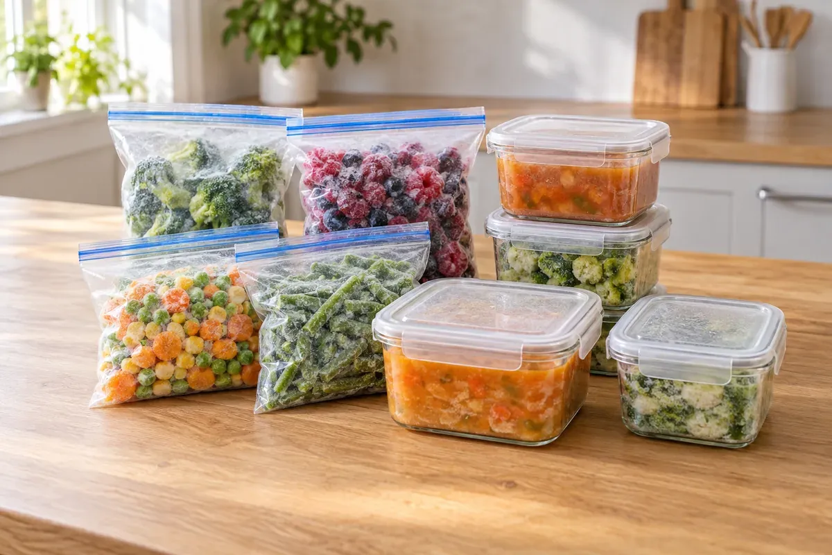 Sealed freezer bags and containers of frozen vegetables, fruit, and soup