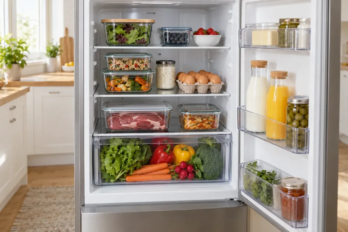 An open, organized fridge with eggs, vegetables, meat, and leftovers