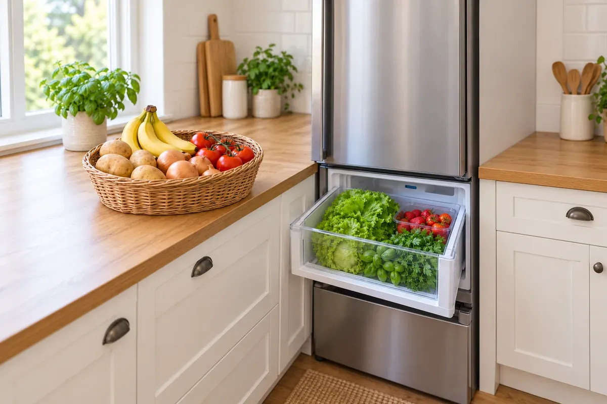 Potatoes, onions, bananas, and tomatoes in a basket beside a crisper drawer
