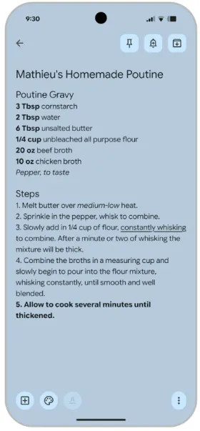 A Google Keep note with the recipe “Mathieu's Homemade Poutine” as plain text