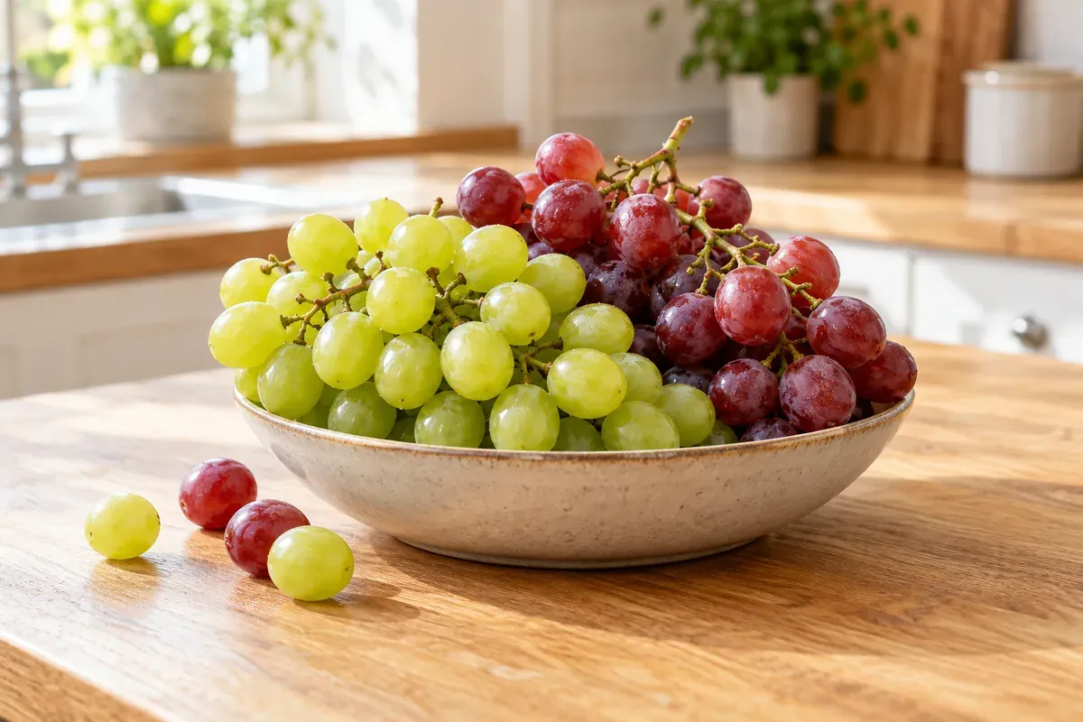 Green and red grapes in a bowl on a wooden kitchen counter