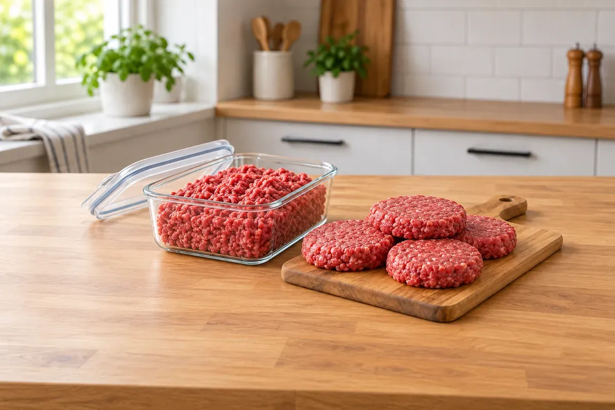 Raw ground beef in a glass container next to raw burger patties on a board