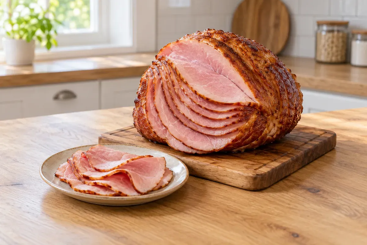 A spiral-cut ham on a board beside a plate of sliced ham