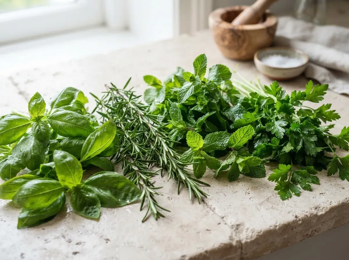 Fresh basil, rosemary and parsley on a stone kitchen counter