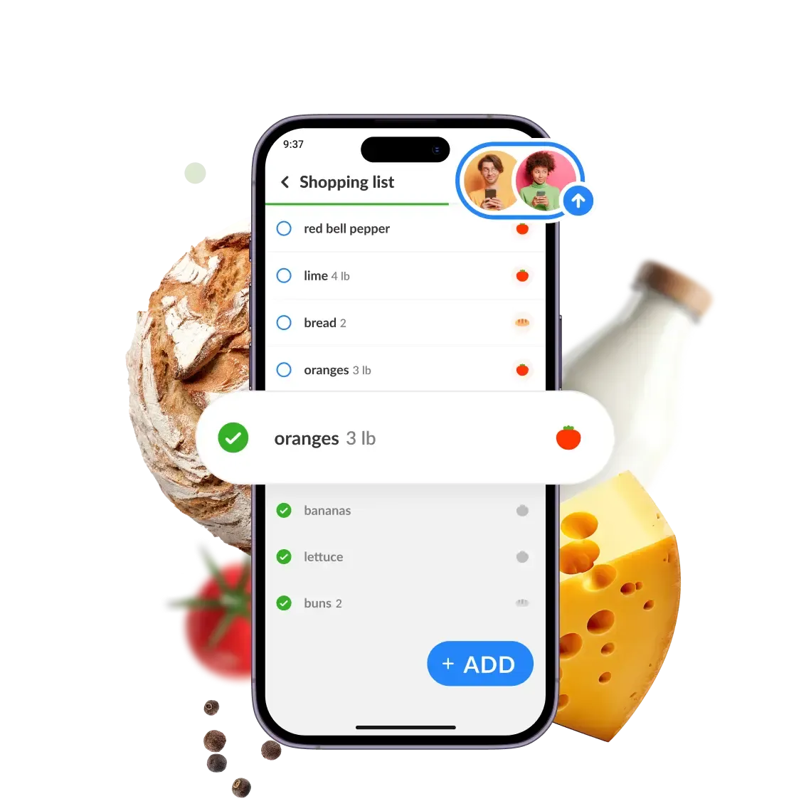 The Listonic app with a shared grocery list, among groceries