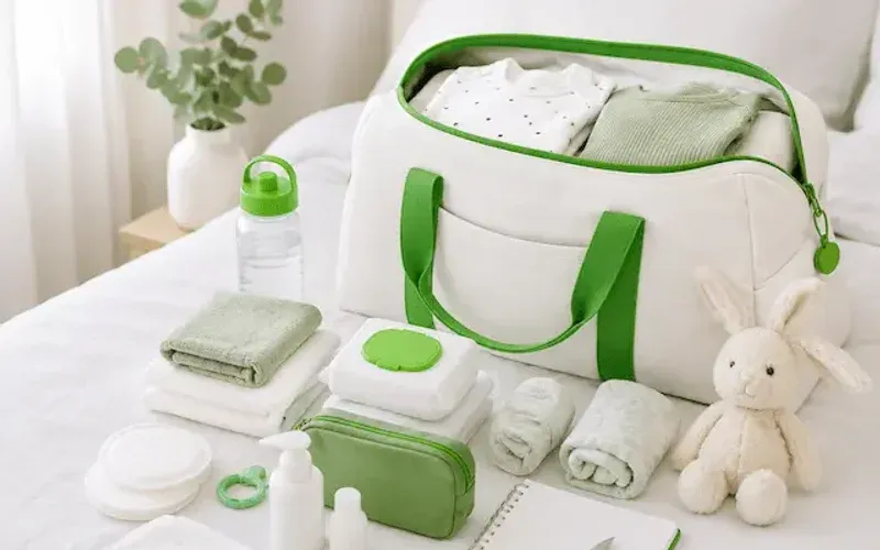A photo illustrating a hospital bag checklist for a mother and baby