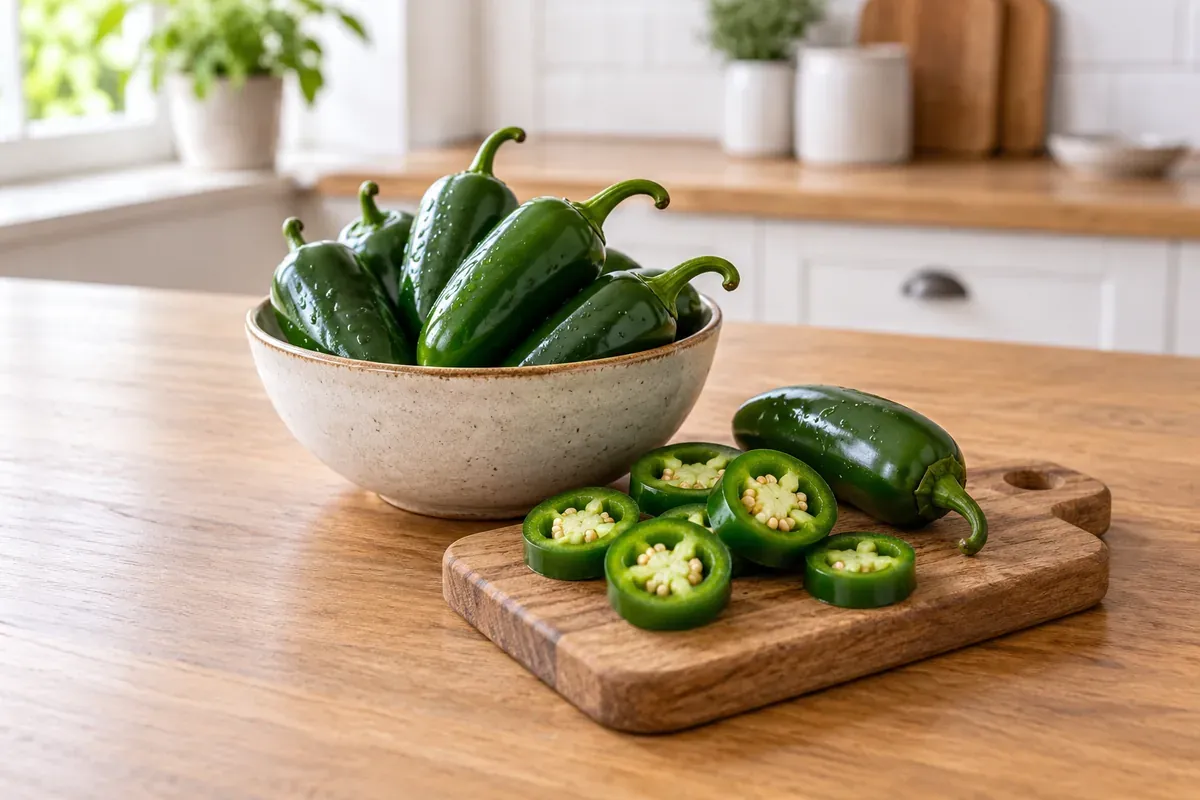 Green jalapeños in a bowl, with a few sliced into rings on a board