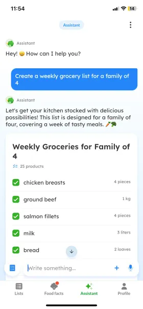Listonic's assistant building a 25-product weekly list for a family of 4