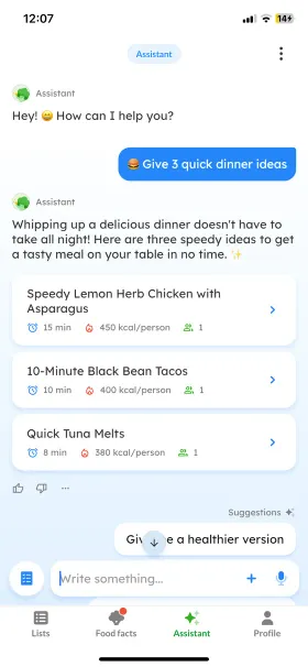 Listonic's assistant offering 3 quick dinner ideas with calories per person