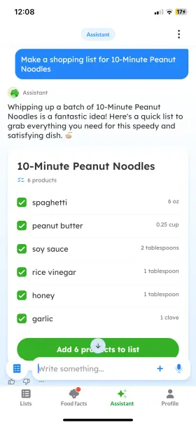 Listonic turning the same recipe into a 6-product list with quantities