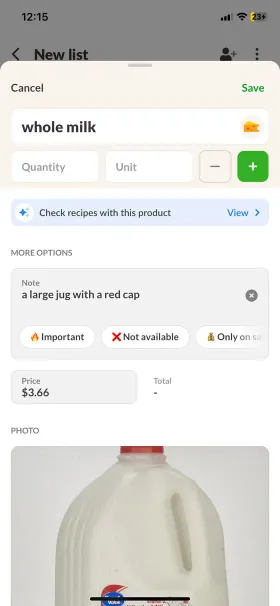 Listonic's item sheet for whole milk with a note, tags, a price and a photo
