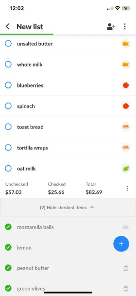 A Listonic grocery list with item prices and a Total of $82.69