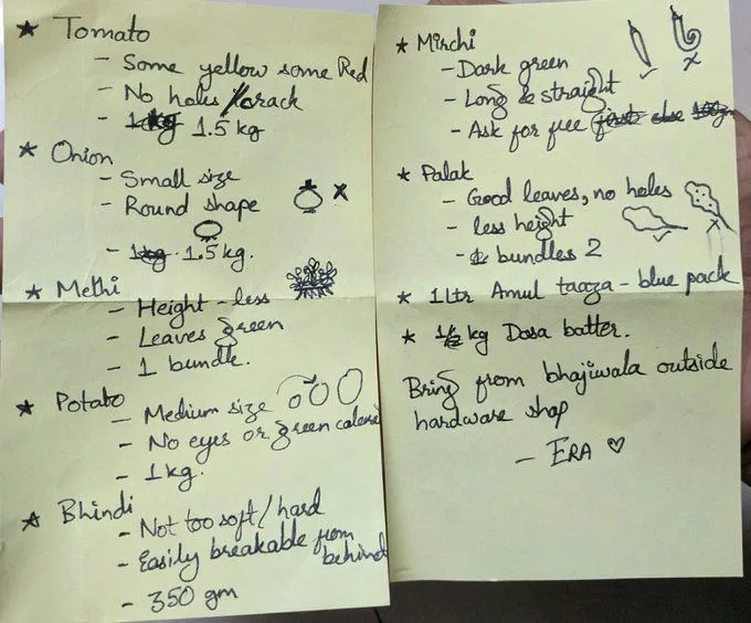 A handwritten list on yellow paper with exact requirements for each vegetable