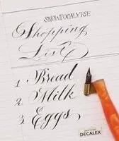 A copperplate calligraphy shopping list of bread, milk and eggs, with a dip pen