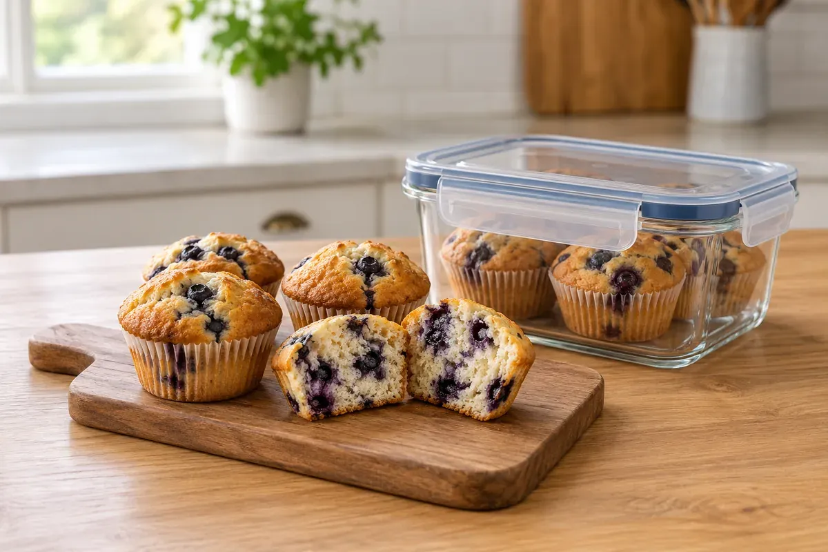 Blueberry muffins on a board, one cut open, beside a sealed container