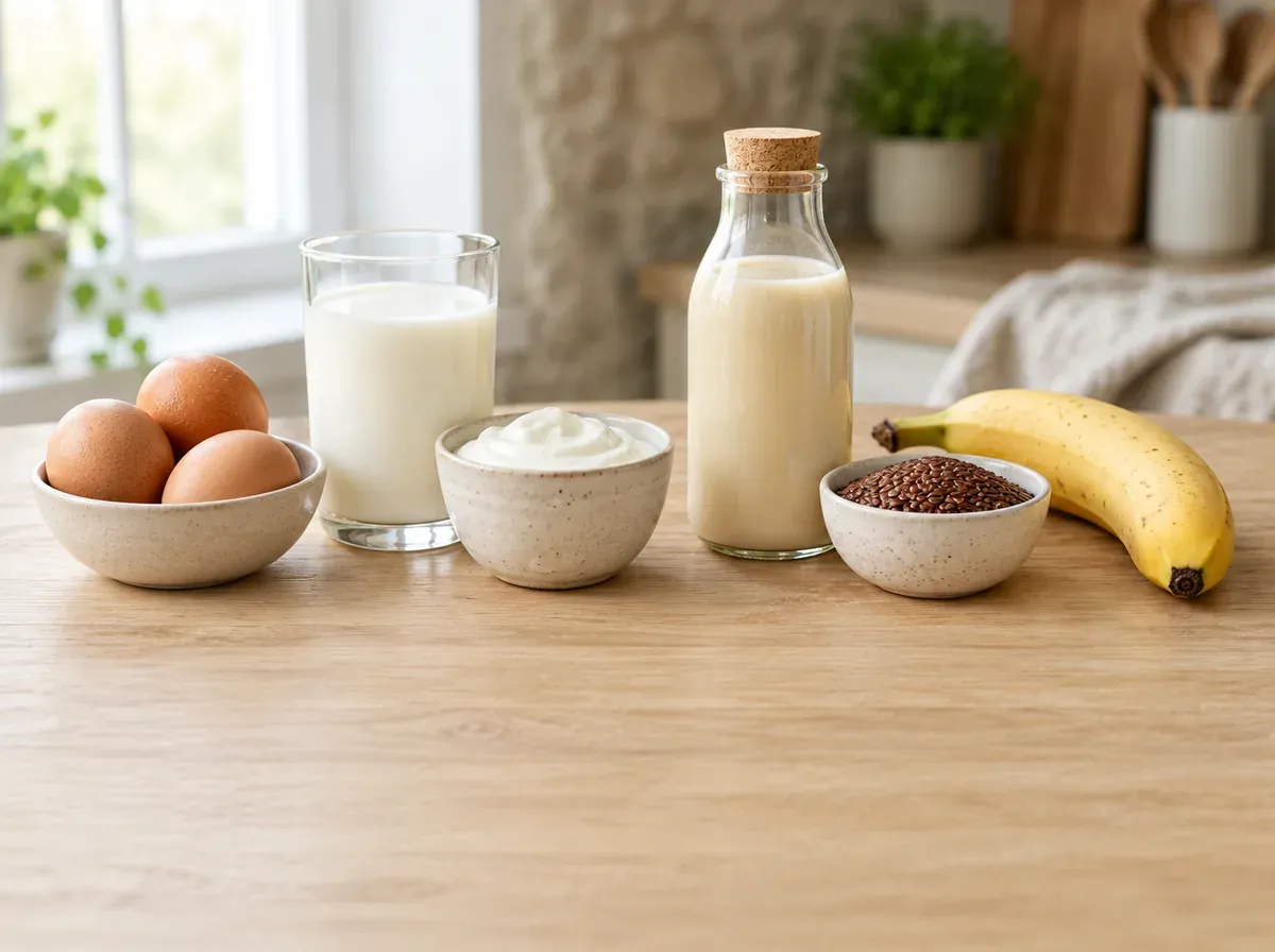 Jajka, mleko, jogurt, mleko roślinne, siemię lniane i banan na blacie