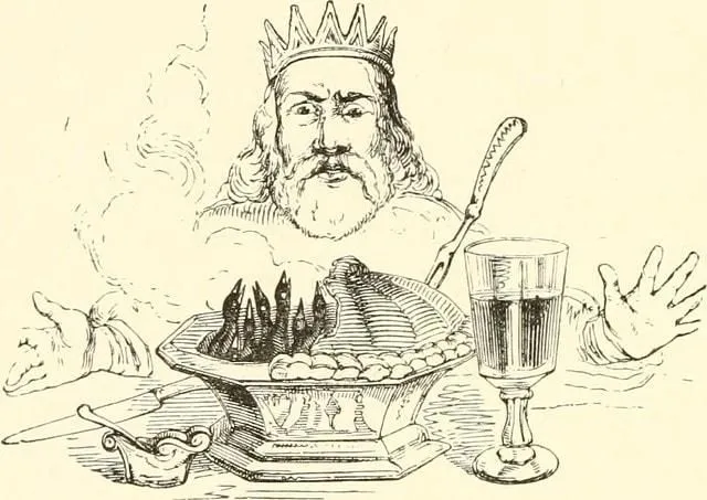 An engraving of a crowned king at table behind a steaming pie and a tall glass
