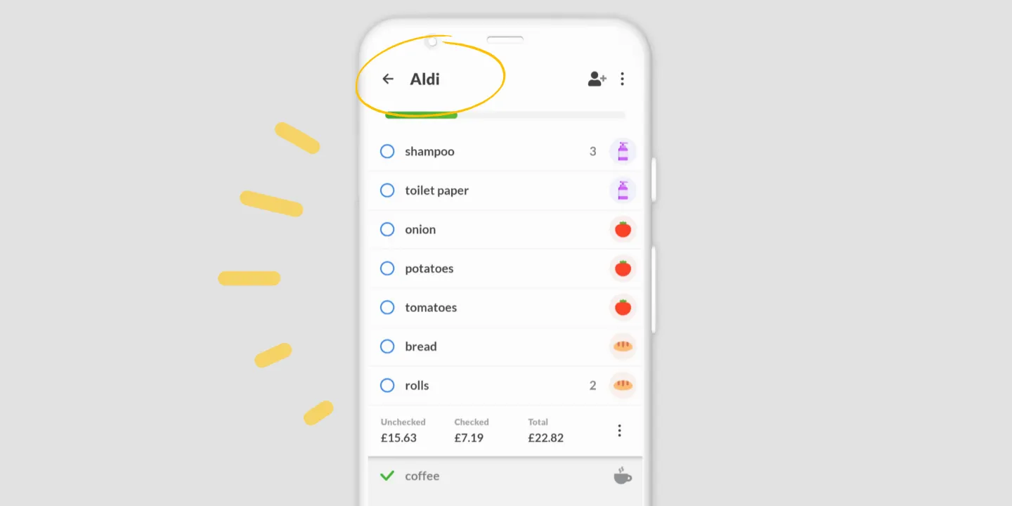 A Listonic list for Aldi opened straight onto the list, with its name circled
