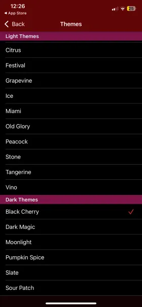 OurGroceries' Themes screen with light and dark themes, Black Cherry selected