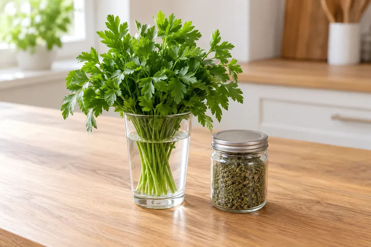 A bunch of parsley in a glass of water beside a small jar of dried herbs