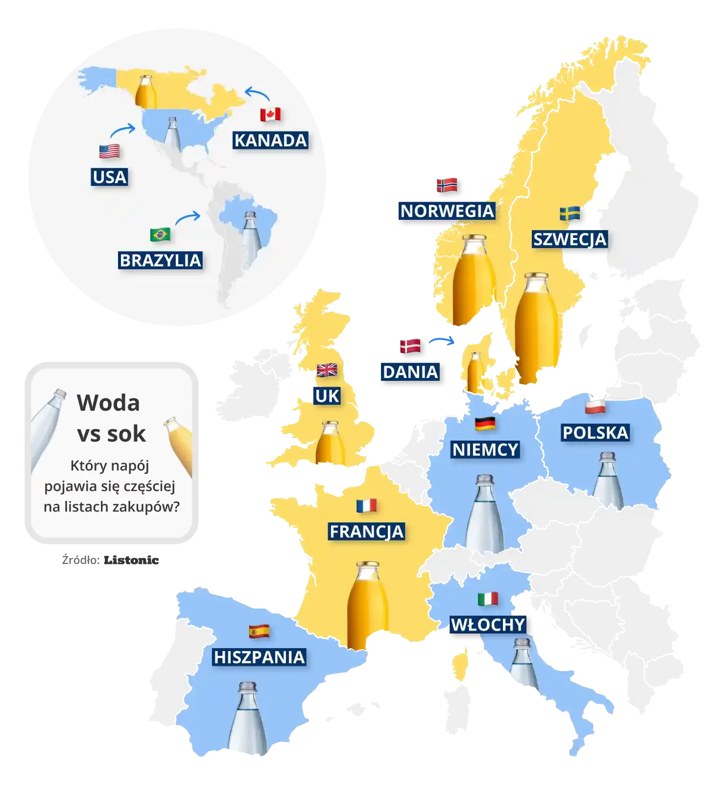 Mapa: woda wygrywa z sokiem m.in. w Polsce i Niemczech, sok we Francji i Danii