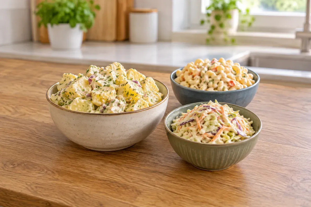 A bowl of potato salad beside smaller bowls of pasta salad and coleslaw