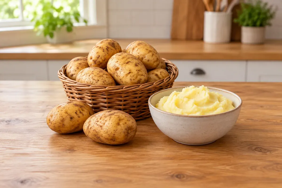 Whole potatoes in a wicker basket next to a bowl of mashed potatoes