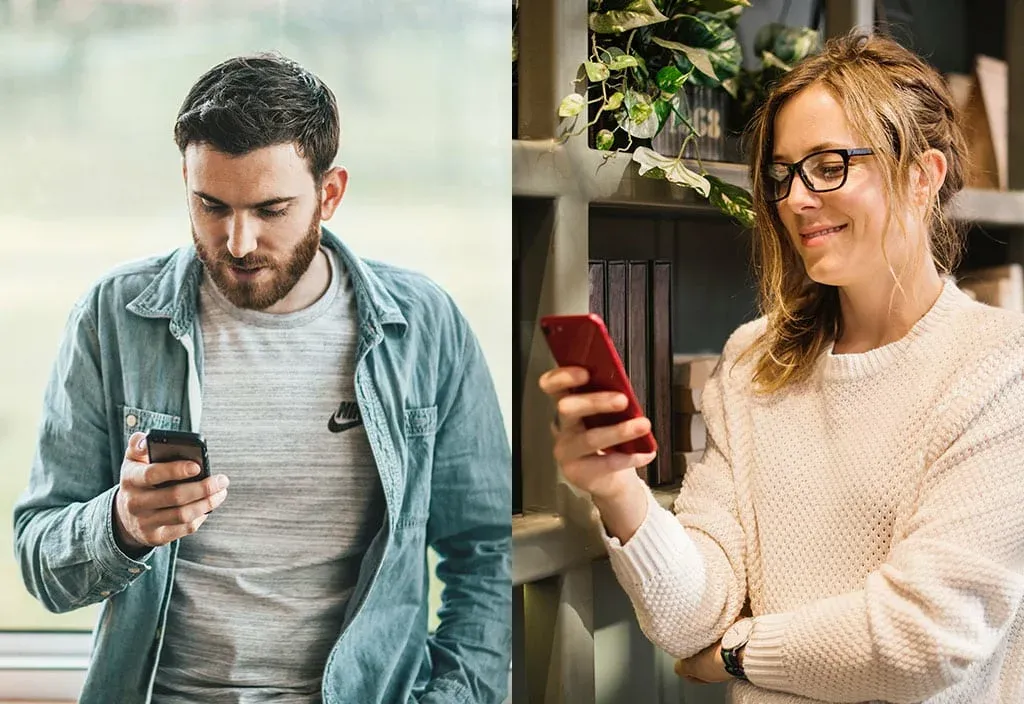 Split photo of a bearded man and a woman in glasses, each on their own phone