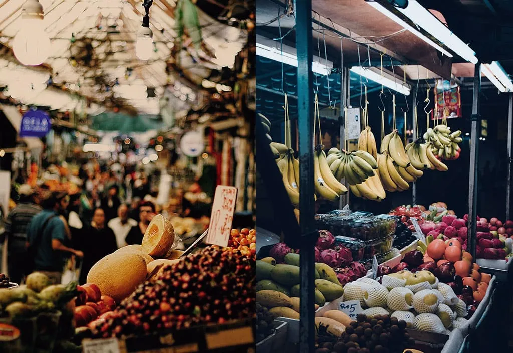 Split photo of market stalls with melons, cherries, bananas and other fruit