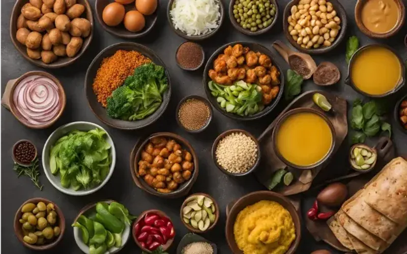 Bowls of ingredients and dishes for the low-carb, high-protein Indian meal plan
