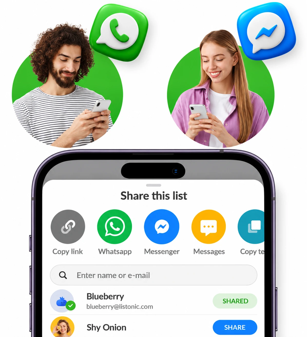 Two people, messaging icons, and a close-up of Listonic sharing