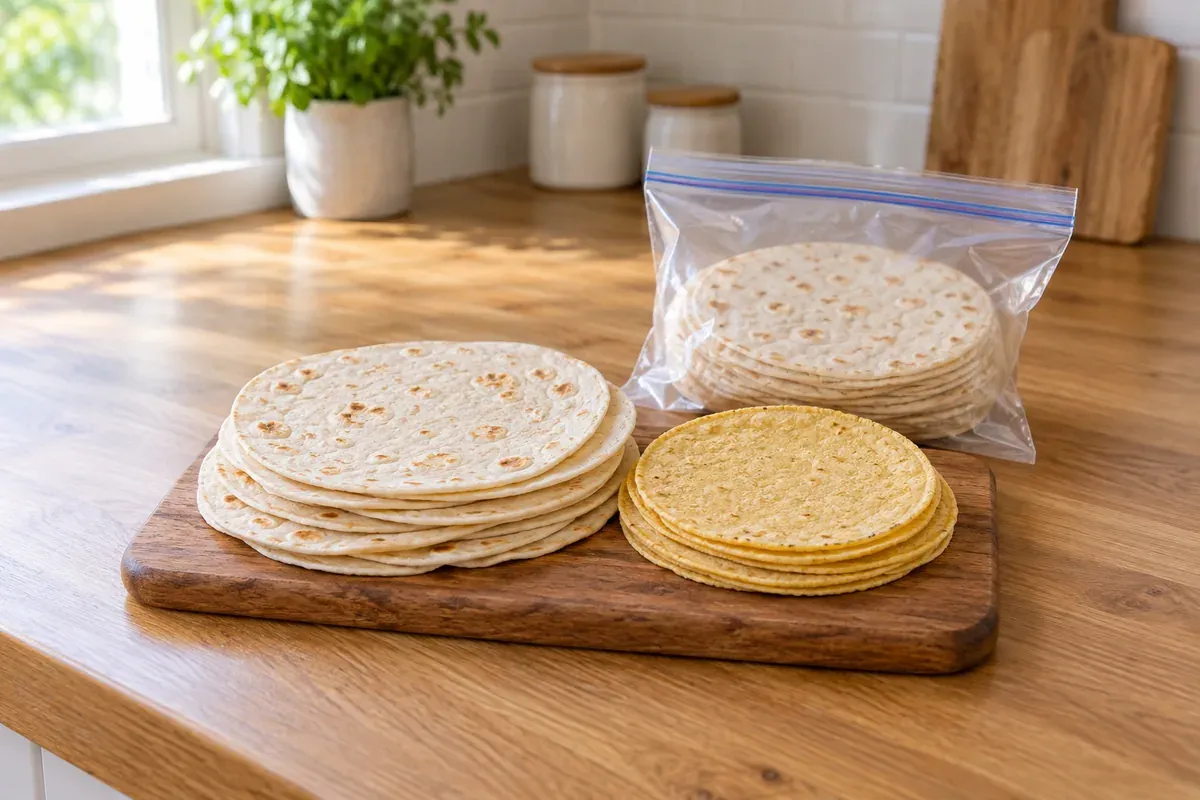 A stack of flour and corn tortillas on a board beside a sealed bag of tortillas