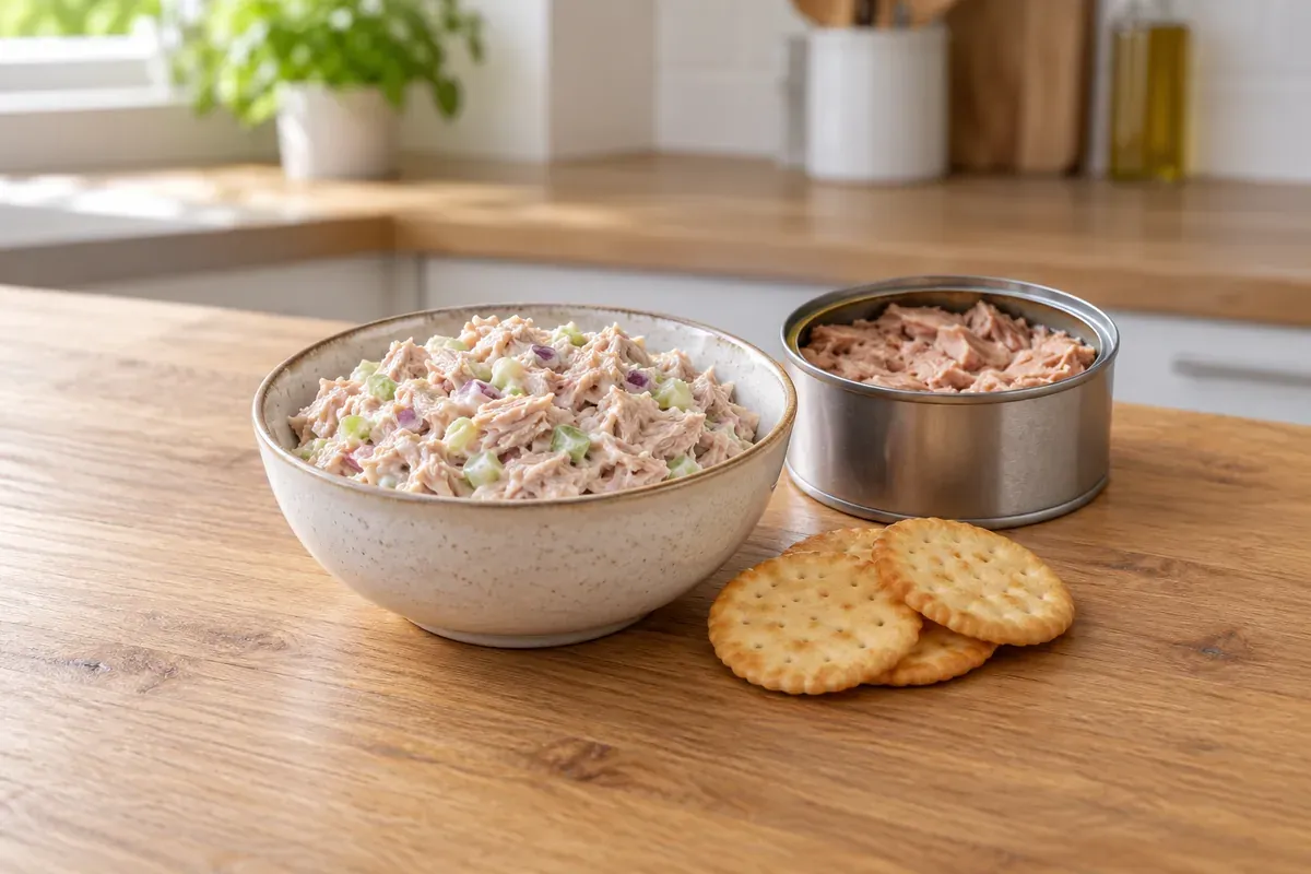 A bowl of tuna salad beside an open can of tuna and crackers