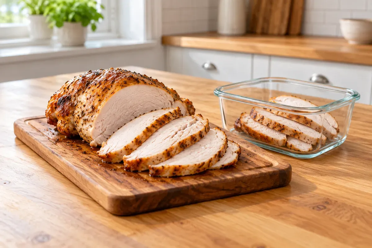 Sliced roast turkey breast on a board beside slices in a glass container