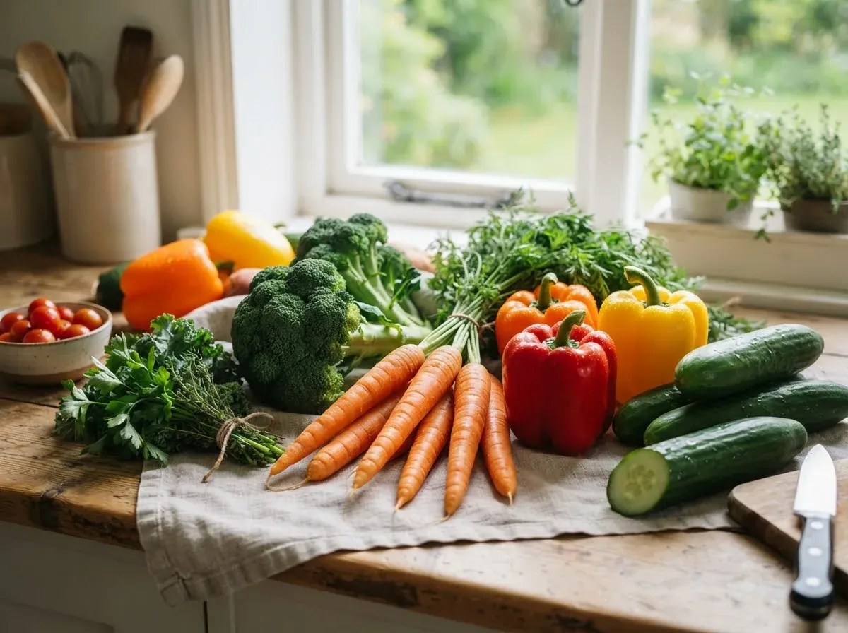 Carrots, broccoli, peppers and cucumbers on a wooden kitchen counter