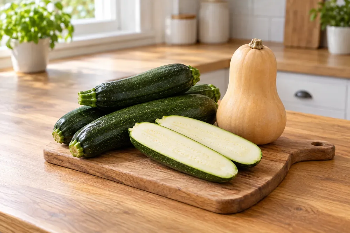Zucchini on a board, one sliced open, beside a small butternut squash