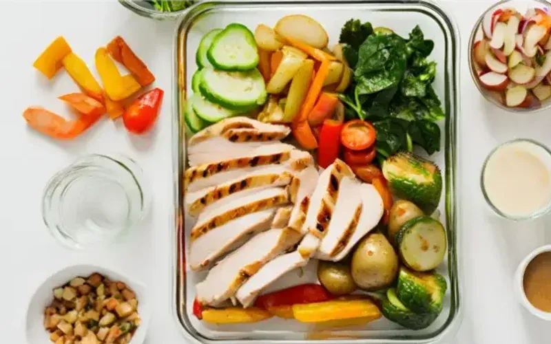 Overhead shot of small bowls of dishes for the 30-day one-person meal plan